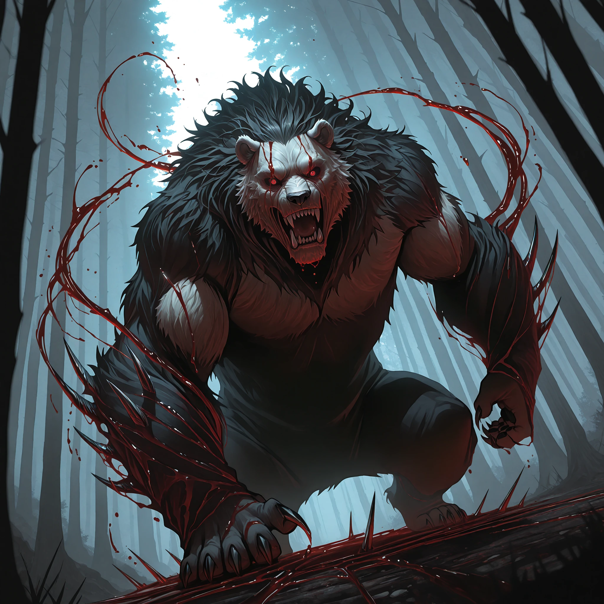 Blue and white werewolf tangled in ropes