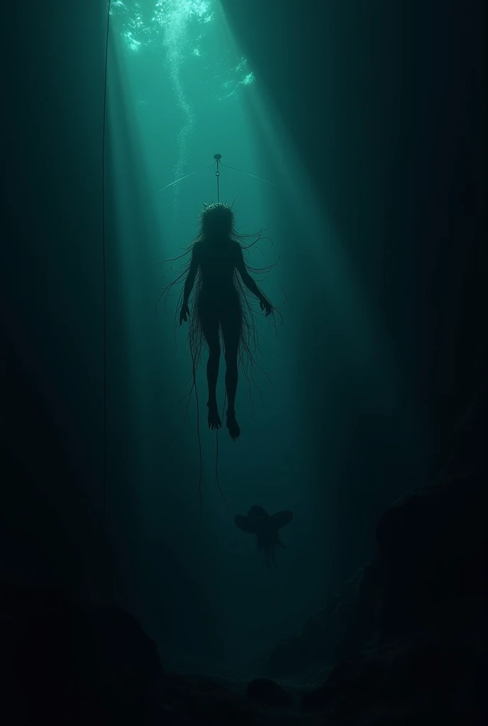 ((Masterpiece, Best Quality)): (((Raegan Revord ))) . Underwater, entirely submerged, surrounded by menacing, undulating tentacles, each one wrapping around her delicate frame in a disturbing and unwarranted embrace. Her full body, clothed in a simple children's swimsuit, is captured in chilling detail, highlighted by the eerie, bioluminescent glow emitted by the alien creatures. The scene is set in a haunting underwater world, where darkness and light intertwine, casting intricate patterns and shadows on the watery surface. The softness of her young skin starkly contrasts with the rough, slithering textures of the