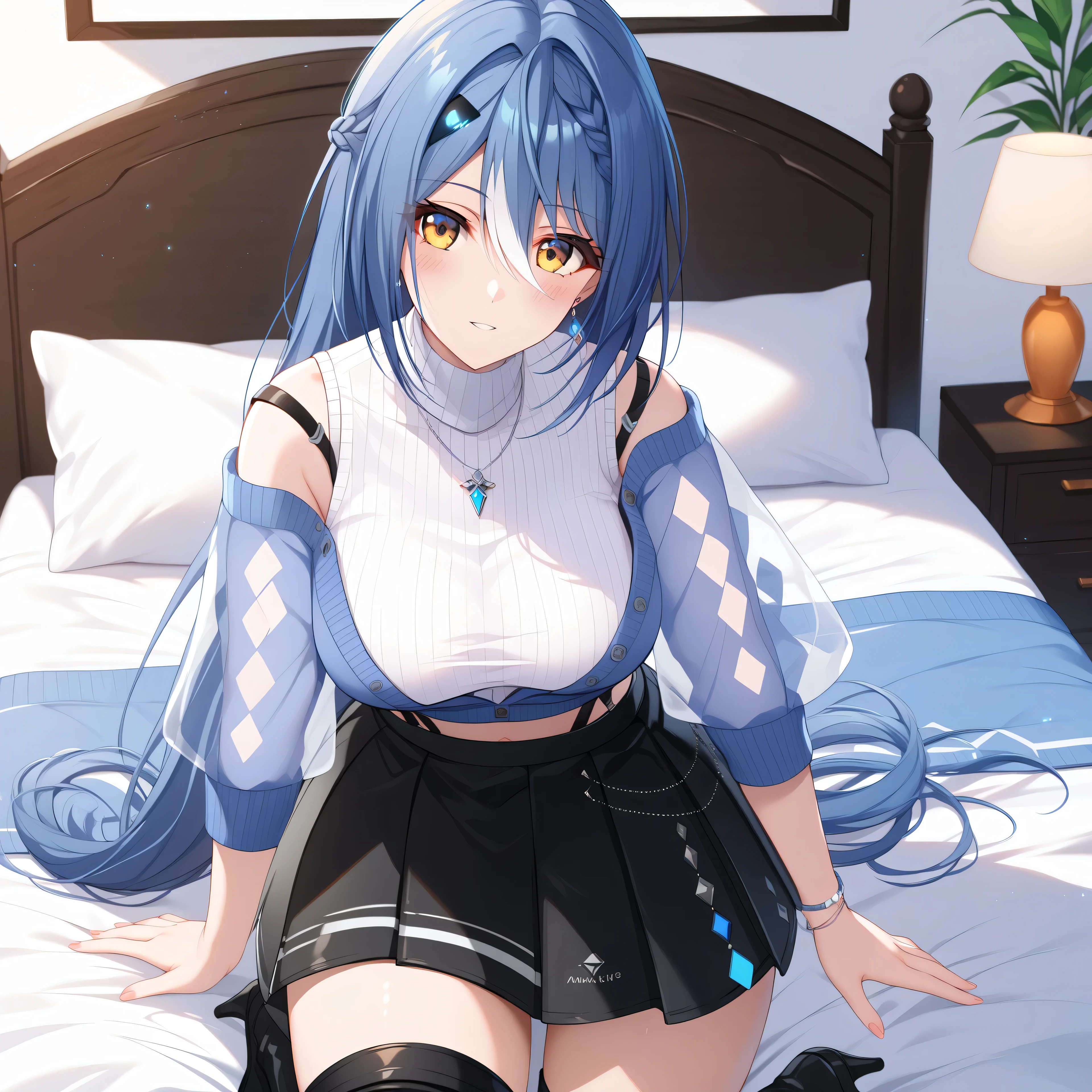master piece、Best Quality,Super detailed,High resolution,Extremely detailed CG,Unity 8K Wallpaper,weat,score_9, score_8_up, score_7_up, score_6_up, score_5_up, score_4_up, source_anime ,Etra, blue hair, long hair, yellow eyes, white streaked hair, braid, hairclip,Vt_2nd, alt black footwear, alt thigh boots, high heel boots, midriff, suspenders, necklace, earrings, bracelet, sweater, pleated skirt, black skirt, shoulder straps, sleeveless shirt, white shirt, halter shirt, ribbed shirt, turtleneck, cropped jacket, partially unbuttoned, blue jacket, off-shoulder jacket, see-through sleeves, sleeves past elbow, jewelry,, mature female