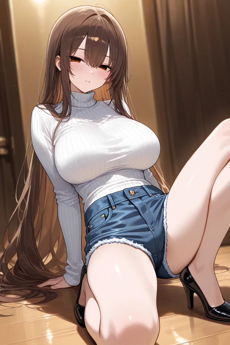 masterpiece, highest quality:1.2), holo, alone,Are standing_Split, (Sitting pose), Long Hair, Brown Hair, Dog ears, smile, (Big huge getting bigger and bigger massive larger bigger biggest mega bang giga soft Breasts:1.2), White Lingerie blue denim mini skirt, A bushy tail grows from its waist.,
