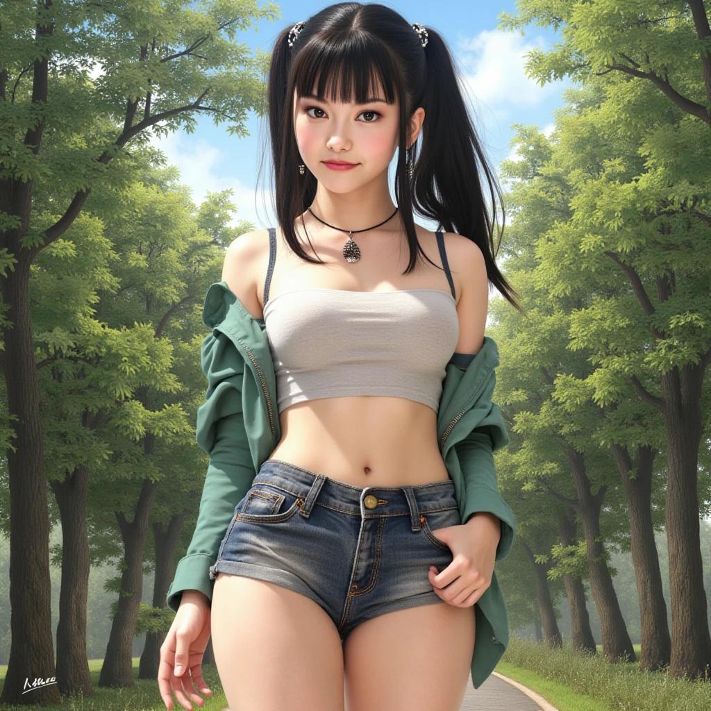 Background: A reed field in slightly foggy and gloomy weather with a misty sky.
Character: An attractive and beautiful Asian woman wearing a faint smile.
Character's outfit: She is wearing short blue hot pants and a bra top.
Shooting equipment: Canon 5D Mark 4. --auto