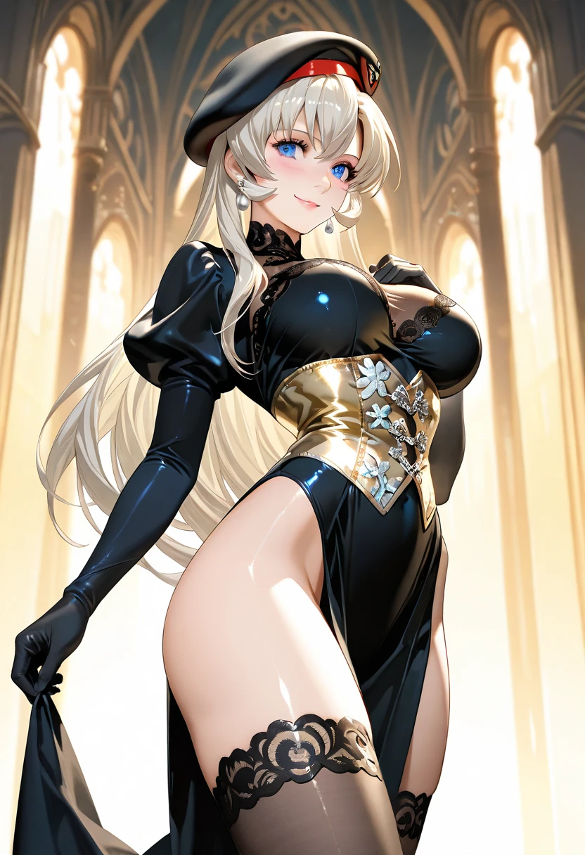 Fine illustration, ultra detailed, highres, from front, , ars_old girl, elegant pose, black_dress, bodysuit, silver long hair, extream beautiful and delicate girl, scenary world, detailed bodysuit with glittery decoration of dress, detailed embroidery, extremely layered frills, detailed texture, detailed pattern, room background,