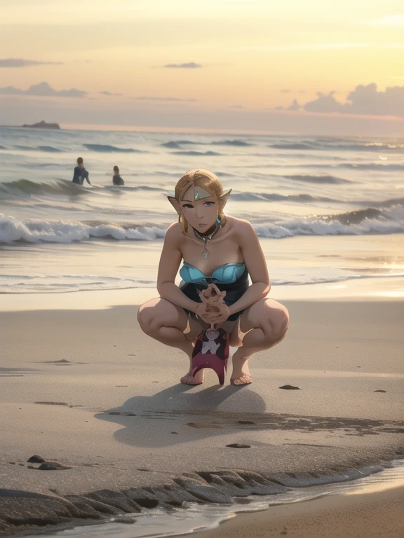 Melhor qualidade, super detalhe, obra de arte, Ultra HD, 8k, 1 garota, concentre-se na garota, Bikini, Tristana, League of Legends, look sexy, super sensual, roupa curta, na praia, exibindo as coxas, emphasis on the thighs.