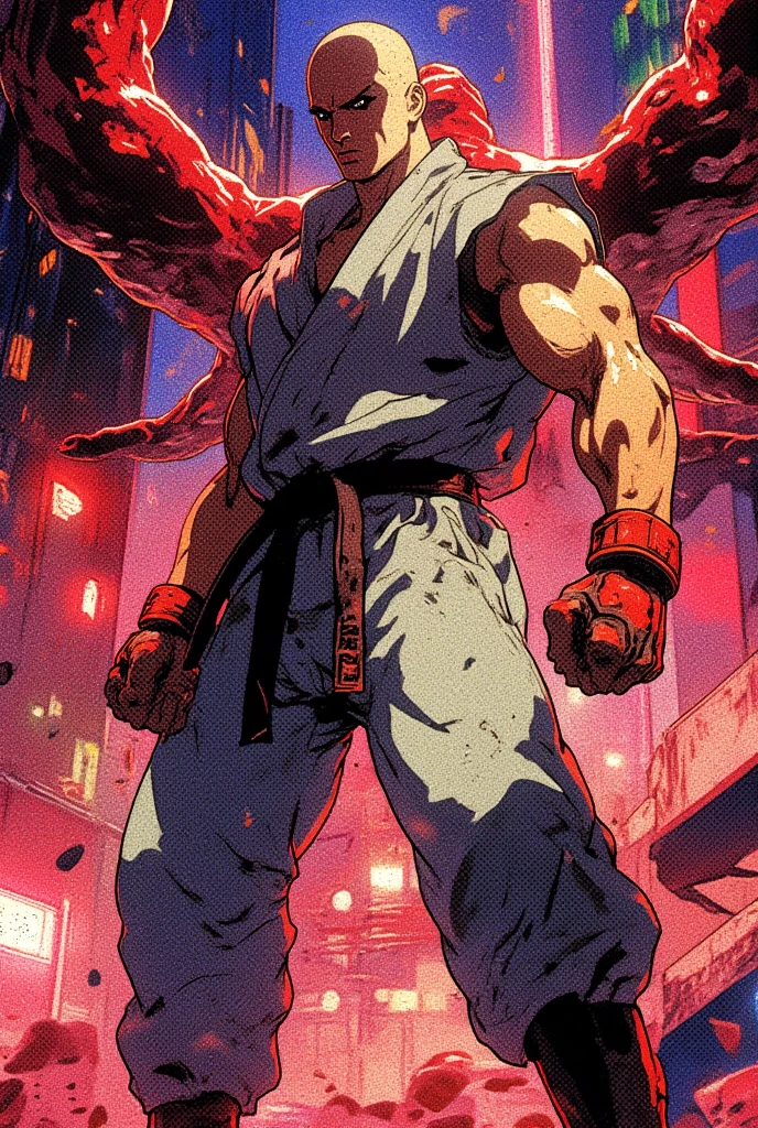 (Teens:1male: ClassicRyu), (extremely detailed CG unit 8k wallpaper),(master part), (best quality), (ultra detail), (best illustration),(post-apocalypic_fashion), cowboy shot, (Sharp eyeliner, ombre, detailed eyes:1), post- apocalypic abandoned building background, ,break , (HNKstyle), upper body, white karate gi,white pants, red headband, fighting glove, barefoot, black belt, kimono, white pants,