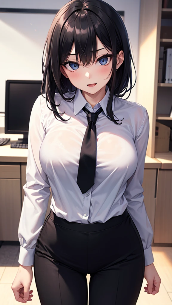 20 year old girl, black office miniskirt, white transparent blouse unbuttoned, Elf&#39;s ears, naked