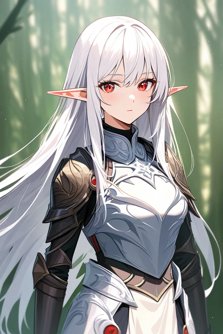 An elf girl with long white hair and red eyes, wearing light armor ...