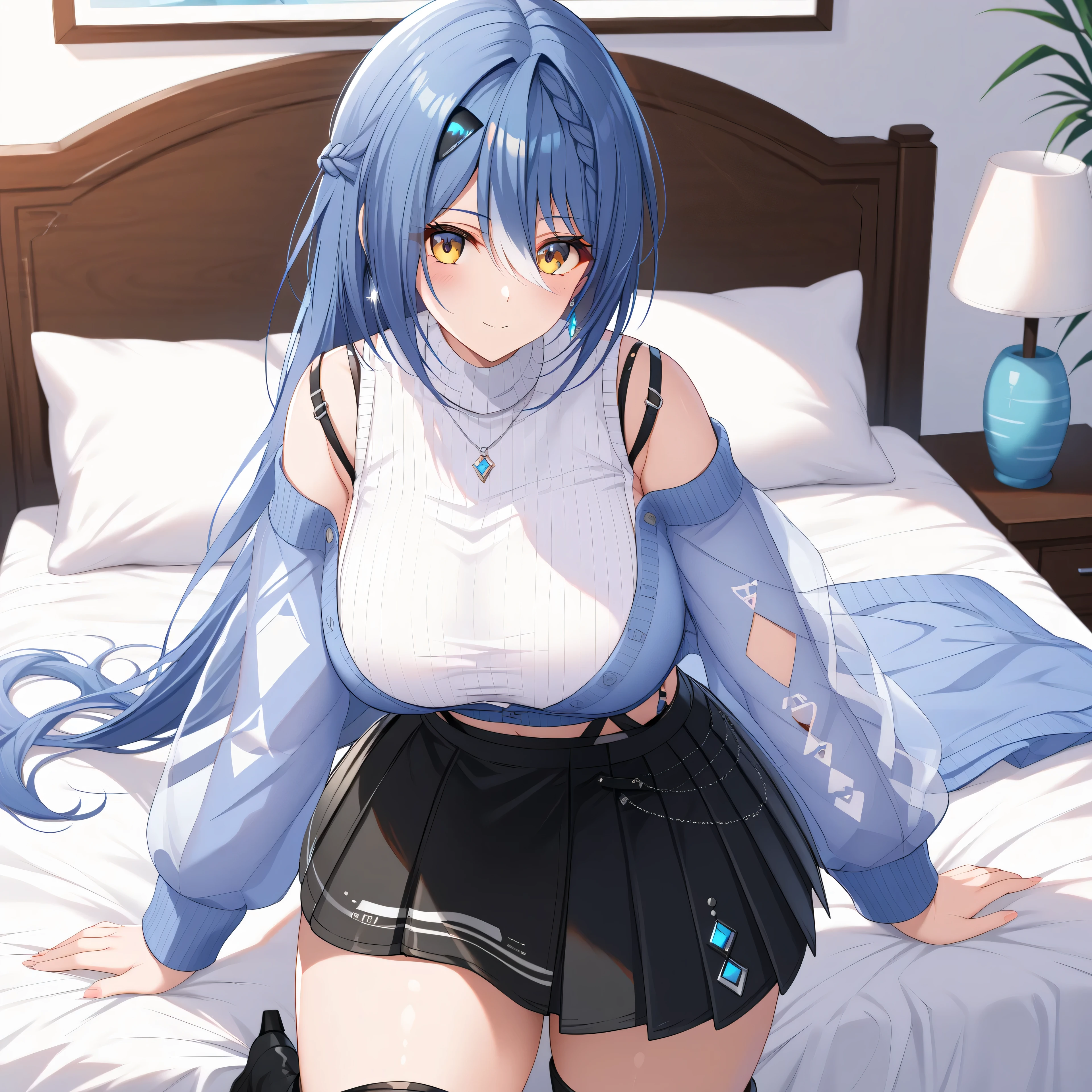 master piece、Best Quality,Super detailed,High resolution,Extremely detailed CG,Unity 8K Wallpaper,weat,score_9, score_8_up, score_7_up, score_6_up, score_5_up, score_4_up, source_anime ,Etra, blue hair, long hair, yellow eyes, white streaked hair, braid, hairclip,Vt_2nd, alt black footwear, alt thigh boots, high heel boots, midriff, suspenders, necklace, earrings, bracelet, sweater, pleated skirt, black skirt, shoulder straps, sleeveless shirt, white shirt, halter shirt, ribbed shirt, turtleneck, cropped jacket, partially unbuttoned, blue jacket, off-shoulder jacket, see-through sleeves, sleeves past elbow, jewelry,, mature female、huge breasts