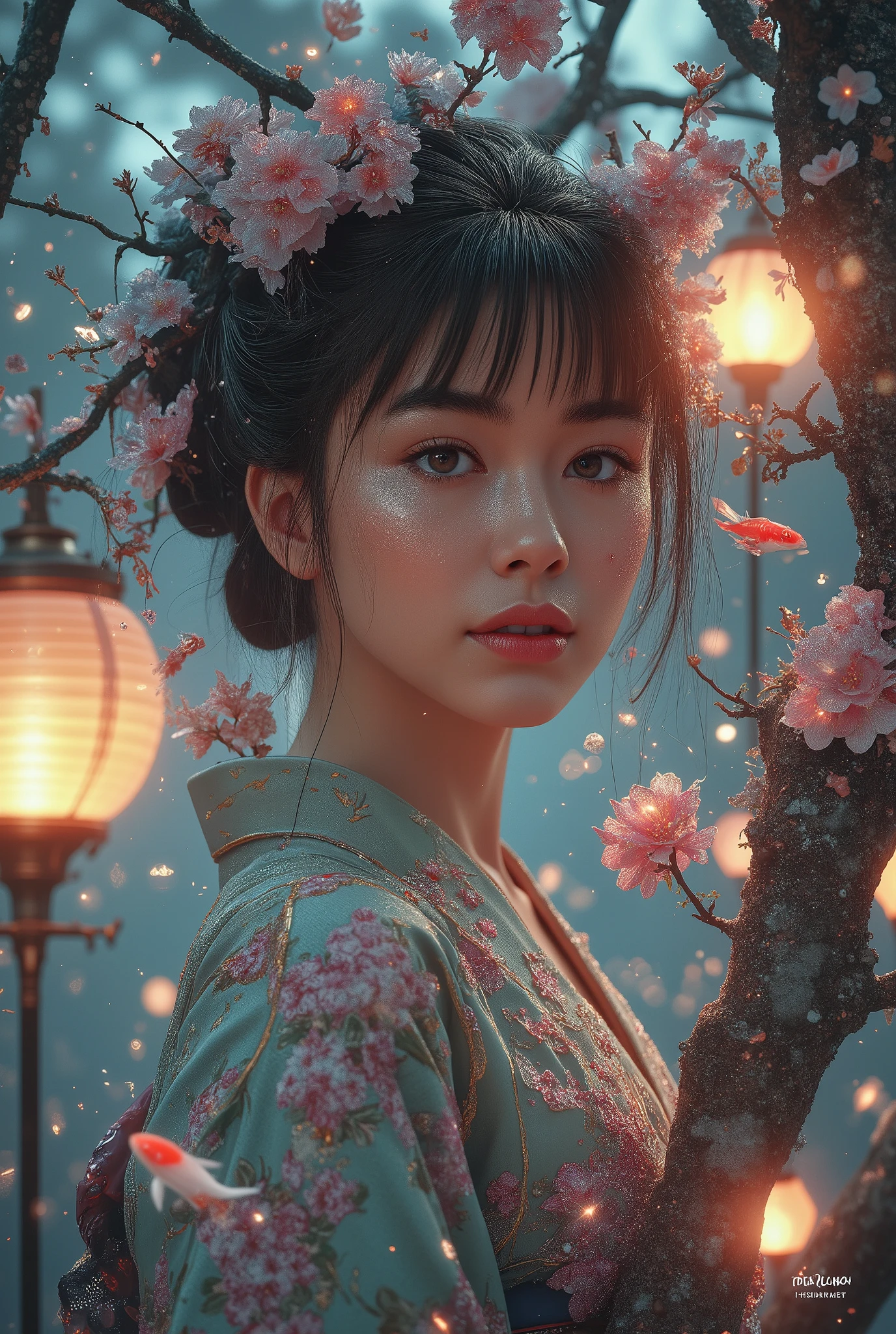 A breathtaking portrait of a woman in a deep V-neck kimono-style top, medium breasts, huge cleavage, combining elements of Japanese ukiyo-e art with the surreal, high-tech aesthetics of cyber-futurism, high-tech aesthetics of cyber-futurism, Inspired by the styles of Katsushika Hokusai and Masamune Shirow, with an enhanced cinematic and ethereal touch, deep V-neck kimono top, digital cherry blossom patterns, glowing subtly in the ambient light, Her hair is an intricate masterpiece-styled in a futuristic geisha updo and branch outwards like the tree limbs, each branch adorned with abundant blooming flowers, glowing with a soft, cherry blossoms radiant that illuminates the surrounding hair, ethereal and nature-inspired aesthetic, The hairline that fell down covered part of the face and reached the waist, Her eyes reflect a dreamlike, almost liquid luminescence, capturing the depth of an AI-infused soul, The background is a fusion of nature and advanced technology, where a tranquil Japanese garden intertwines with cybernetic elements, integrated futuristic architecture, merging with traditional wood, glowing lanterns casting soft hues, floating holographic koi fish swimming gracefully through the air, dense sakura petal mist, sakura petals swirling in the air, subtly rippling with digital energy, enhancing the otherworldly atmosphere, The composition is deeply immersive, balancing organic beauty with cutting-edge innovation, enhanced through, the atmospheric whisper-like detailing of Midjourney Whisper FLUX LoRA. The lighting is soft yet cinematic, highlighting the intricate textures of fabric, skin, and surrounding digital elements, creating an image that feels like a living dream—both timeless and ahead of its era. --ar 9:16 --quality 2 --stylize 850 --v 6.1