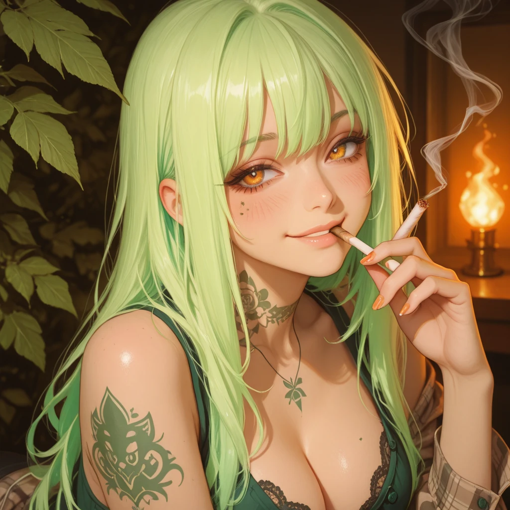 (Best quality), (perfect face), (high detail), (1girl), (closeup), (headshot), a cute hippy girl smoking a joint surrounded by marijuana leafs, (marijuana plants), smoke filled room, weed smoke, THC, (green eyes), (neon green 1:1), HDR,4K, 3D