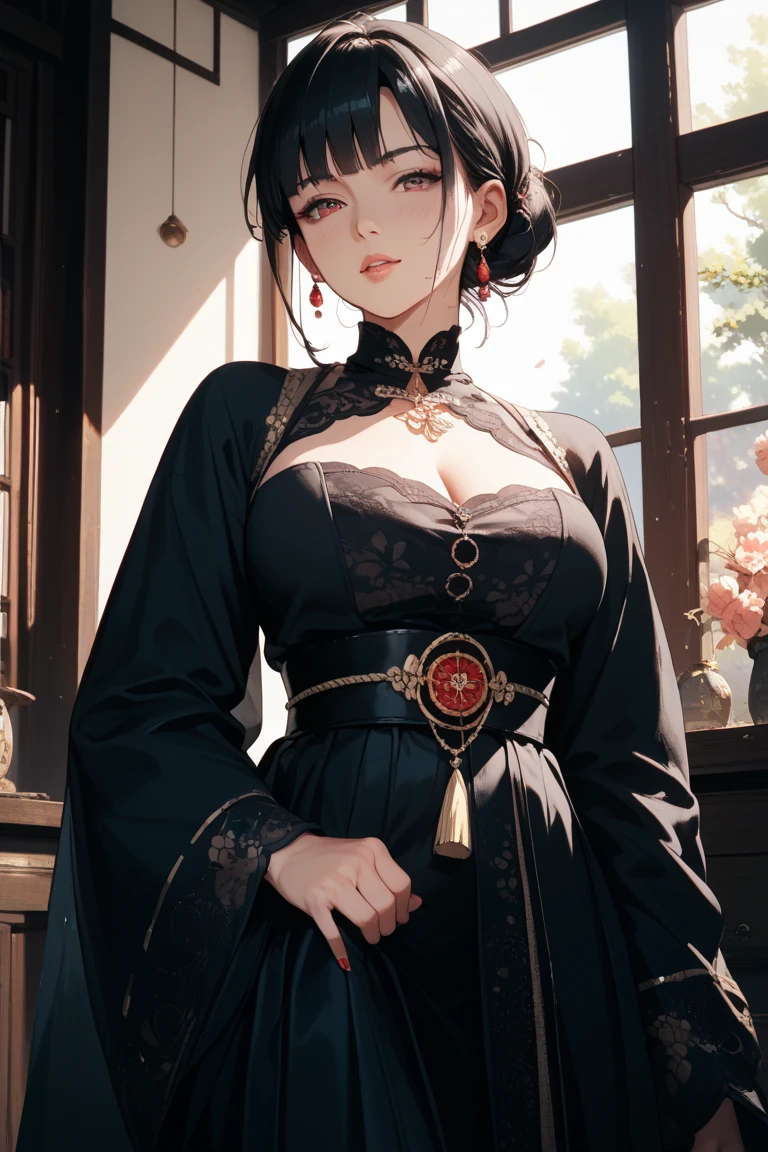 A black haired fox woman with violet eyes with an hourglass figure and black fox ears and a black fox tail in a pretty kimono is laying on a bed with a bluch