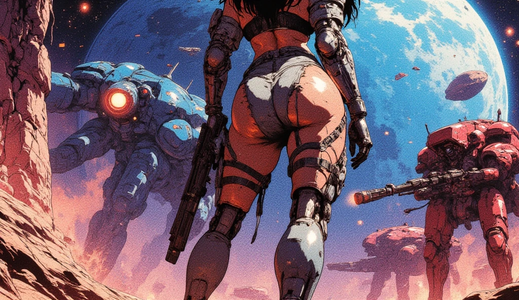 1 dark skinned girl, futuristic mech pilot, topless, no panties, bending over, on all hours, fixing car engine, spreading ass, cum covered ass, sweaty
