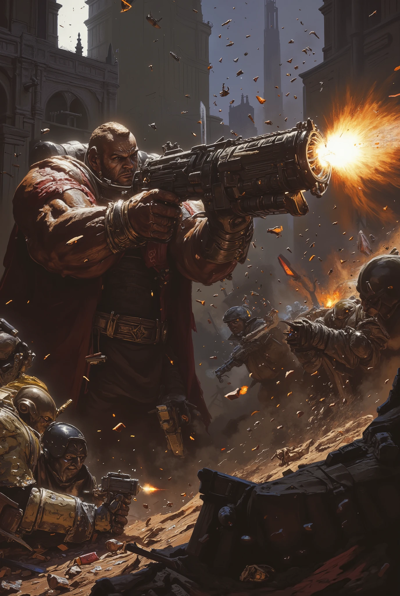 machine gun,bullet casings,bouncing off the ground, high temperature ,Arm,Ammo,rifle,Fire,hot,action,realistic,Detailed,4k,hdr,UHD,studio lighting,ultra-fine painting,physically-based rendering,extreme detail,professional,vibrant colors,bokeh,Landscape, destruction ,war,chaos,cinematic