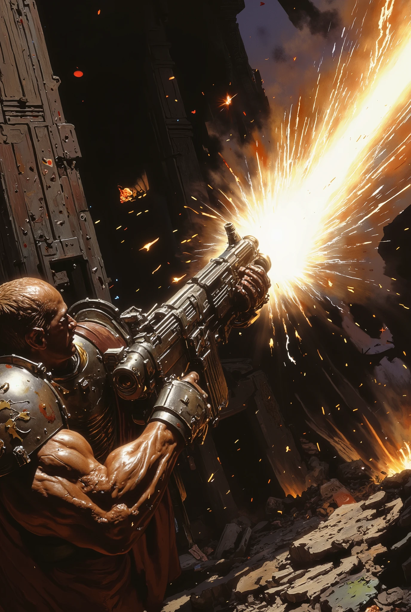 machine gun,bullet casings,bouncing off the ground, high temperature ,Arm,Ammo,rifle,Fire,hot,action,realistic,Detailed,4k,hdr,UHD,studio lighting,ultra-fine painting,physically-based rendering,extreme detail,professional,vibrant colors,bokeh,Landscape, destruction ,war,chaos,cinematic