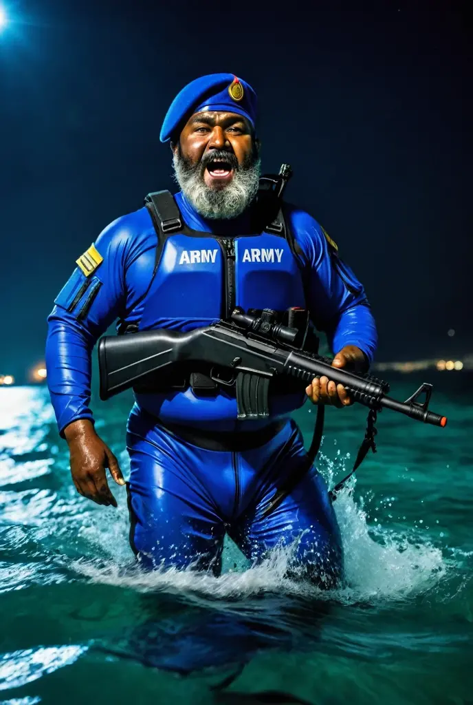 (a dark-skinned bearded fat old man in a bulky blue zipper diver suit) surfacing from sea water at night, carrying a gun in holster and (wearing army beret), muscular, Basuki Abdullah, sumatraism, action, a character portrait, heroic, fierce, angry