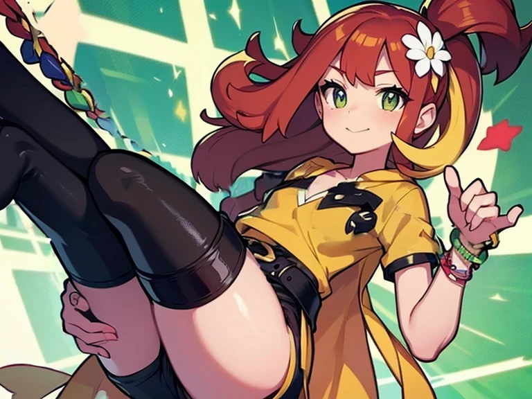 masterpiece, highest quality,  Medium sized breasts、crimson hair、ponytail、Green hair ribbon、８age、Brat、Dynamic Angle、Glowing yellow eyes、Bangs between the eyes、Chili pepper hair ornament on bangs、Ahoge, naked、Look at the viewers, Laughter, Open your mouth, barefoot、