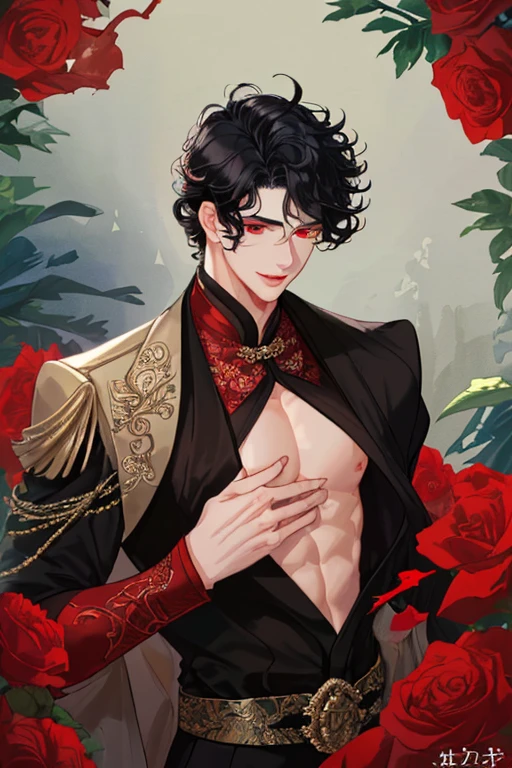 (8k,photorrealistic RAW photograph Maximum quality;1.4) (1 Korean boy) Super handsome king of the underworld (lifelike face) (hair with red roses, Short hair in the wind) slenderbody Muscular and macho big pink eyes Aristocratic metallic outfit with red roses Red roses decoration in the wind Fangs peeking out of the mouth Pointed claws a seductive gaze Beautiful expression A hyper-realistic (King of the Underworld) appealing (real looking skin) super high resolution high détail Luxurious pants with metallic red roses Aura of red roses emanating from the body effect metallic cover red roses