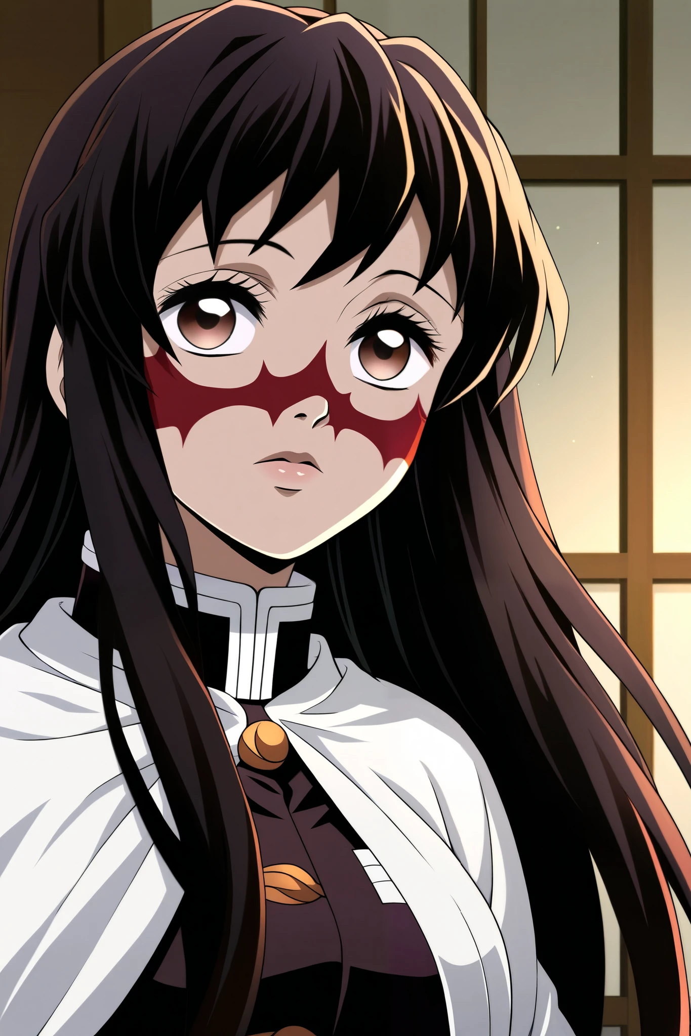 DEMON SLAYER OC GIRL with mixed skin and dark brown eyes, She has a beauty spot on the left side of her nose and long black hair with a white lock on the right side of her face and is wearing a Demon Slayer uniform