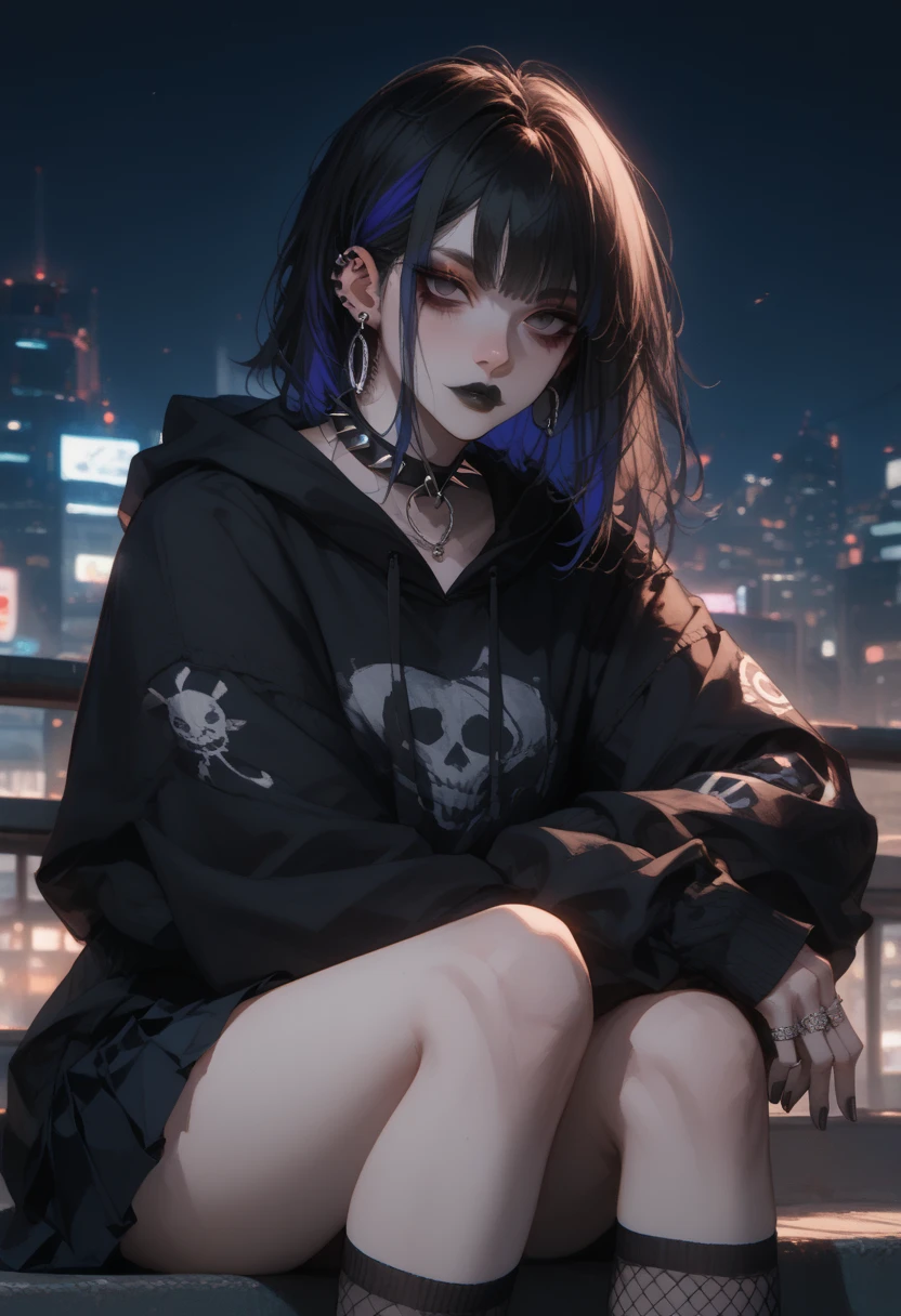 an anime female character wearing a HOODIE, and a cool joker mask, black robe, is sitting. above the city tower while holding a WEAPON, with realistic lighting effects, as well as effects, flying fireflies adding a realistic feel, with photo results, HDR, 8k, anime,