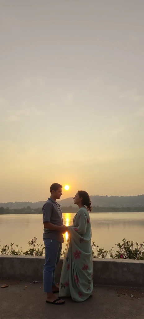 There's a man and a woman kissing in front of a lake, during sunset, illuminated!, with the sunset, back to the camera, kissing together in a cute way, sunshine, taken with the best DLSR camera, sunshine, with the sun shining on it, during a sunset, shining in the sunlight, rays of sun, sun behind him, lion in the background of the image