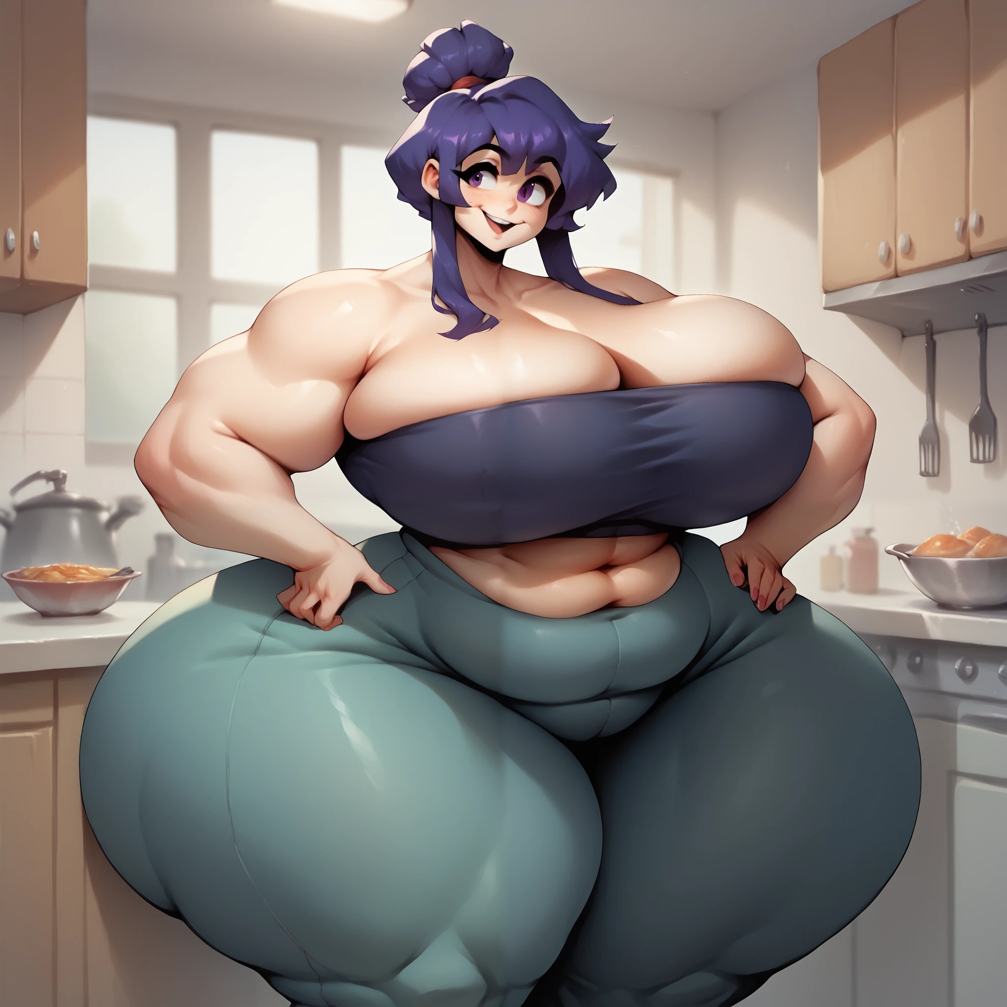 A curvy young woman in a bikini being fattened into a massive giant obese round human blueberry, massive bloated overstuffed very heavy round belly, hyper massive fat tall wide round heavy heart shaped shelf bubble butt, very wide fat hips, massive fat round long very heavy breasts, deep long cleavage, weight gain, deep fat navel, from behind, looking back, smiling, blushing, blueberry juice body inflation, very round massive blueberry body, blue tinted skin, arms out at side, splayed legs, sloshing body, taut skin, smooth skin, cute fat face, fat round blueberry woman, sitting down, massive blueberry juice filled breasts, from behind,