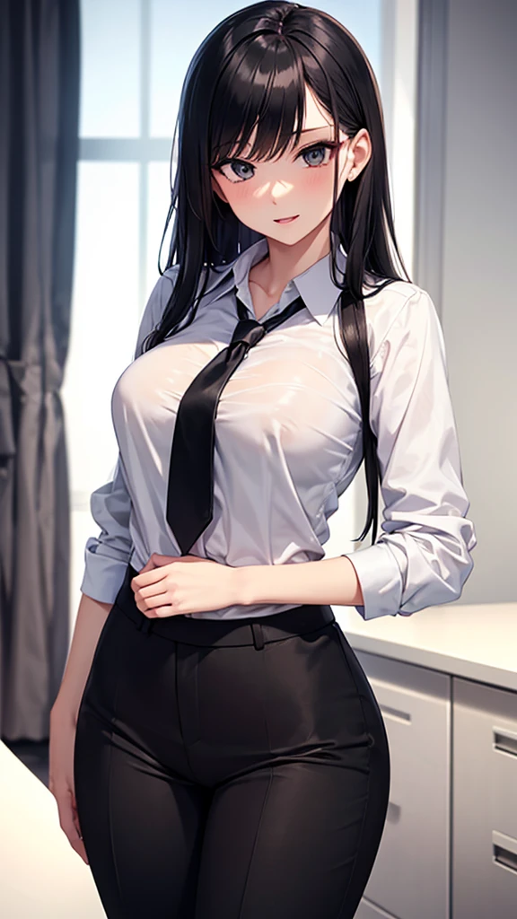 (best quality:1.5, high resolution, ultra high definition, 4K, detailed lighting, straight hair, , split, Unbutton your shirt, tight skirt, even, permanent, (Throw, close shot, lean forward), office background, smiling