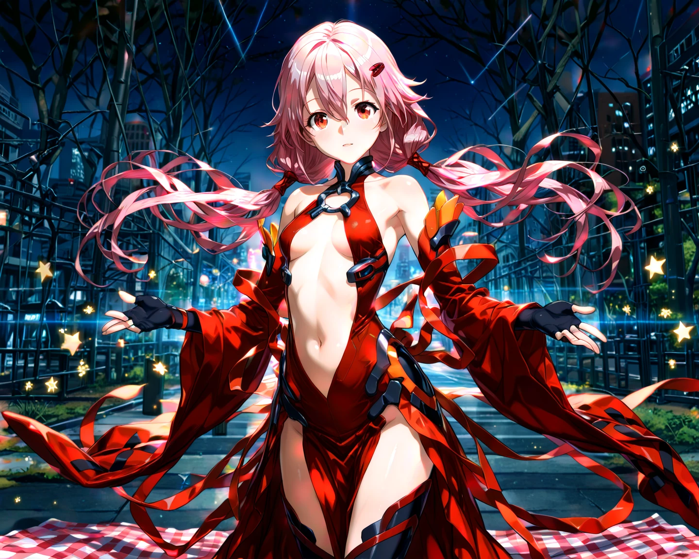 score_9, score_8_up, score_7_up, source_anime,
inoriyuzuriha, <lora:inori-yuzuriha-ponyxl-lora-nochekaiser:1>,
inori yuzuriha, hair ornament, hairclip, long hair, pink hair, red eyes, twintails,
bare shoulders, black thighhighs, center opening, cleavage, detached sleeves, elbow gloves, fingerless gloves, gloves, navel, thighhighs, dress, red dress,
outdoors, cityscape,
looking at viewer, dutch angle, cowboy shot,