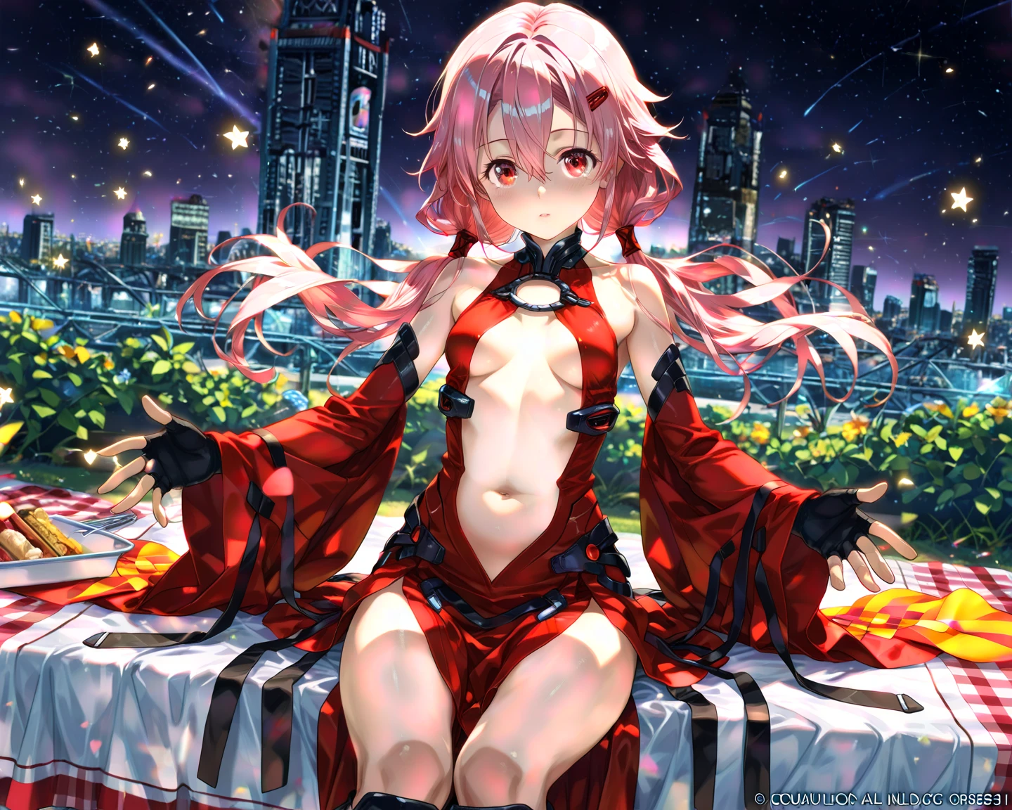 masterpiece,1girl,solo, <lora:InoriV1:1>,depth of field, yuzuriha inori, sitting, closed mouth, ruins,cross,night,full moon, full body:1.3,depth of field,  sit_on_throne, light smile,