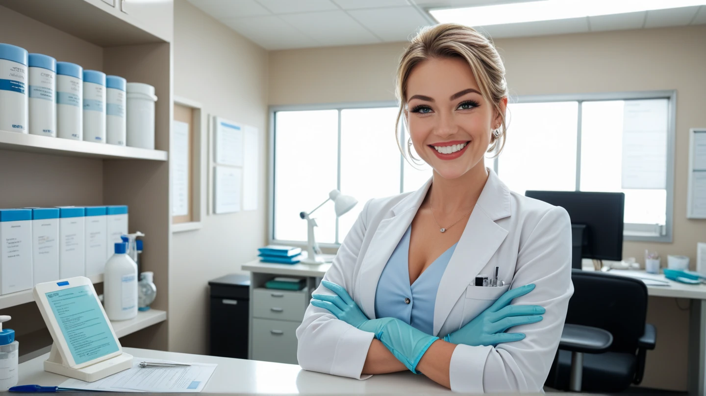 A female dentist or dentist with blonde hair and brown eyes wearing a light blue uniform, that he has dental instruments in his hand