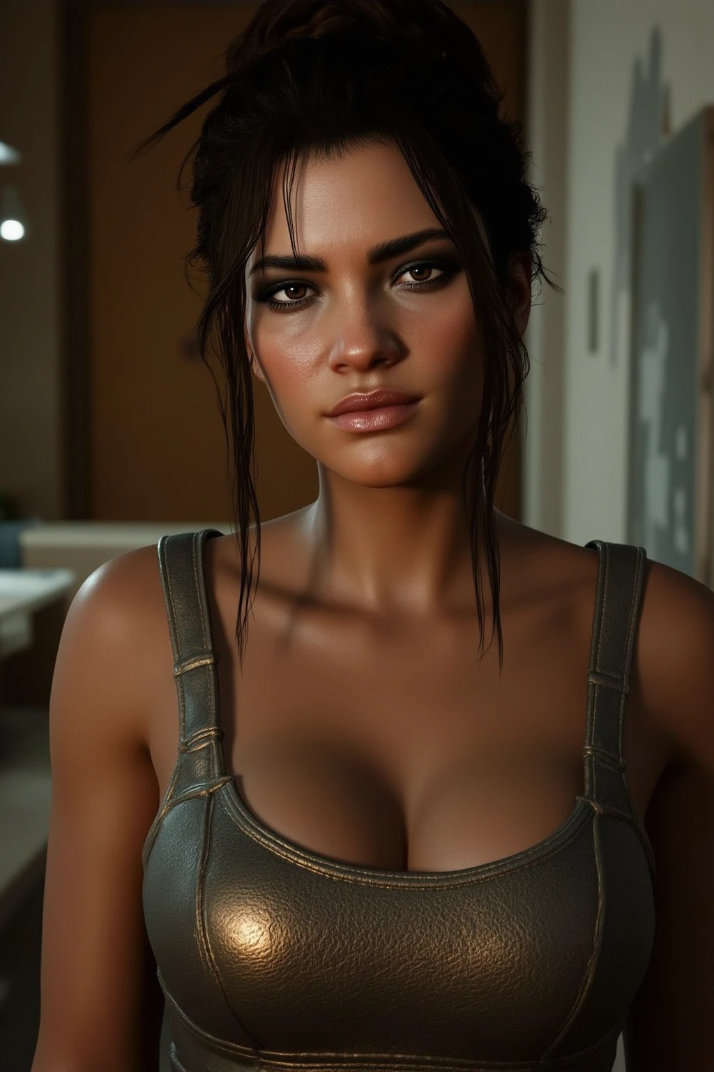 a masterpiece portrait of jill valentine from re3 remake, beautiful detailed blue eyes, detailed brown hair in long bob hairstyle, oval face, woman sitting on a bed looking out the window of a city, (best quality,4k,8k,highres,masterpiece:1.2),ultra-detailed,(realistic,photorealistic,photo-realistic:1.37),HDR,UHD,studio lighting,ultra-fine painting,sharp focus,physically-based rendering,extreme detail description,professional,vivid colors,bokeh, bangs straight behind the ear:1.1, frontal pose, white skin , medium body shot, huge breast, wide hips, oiled skin, good breasts details, white skin, pinked nipples, cameltoe pussy, cyberpunk bedroom, neofuturistic scene, neon spothlighs lighting, nigh,