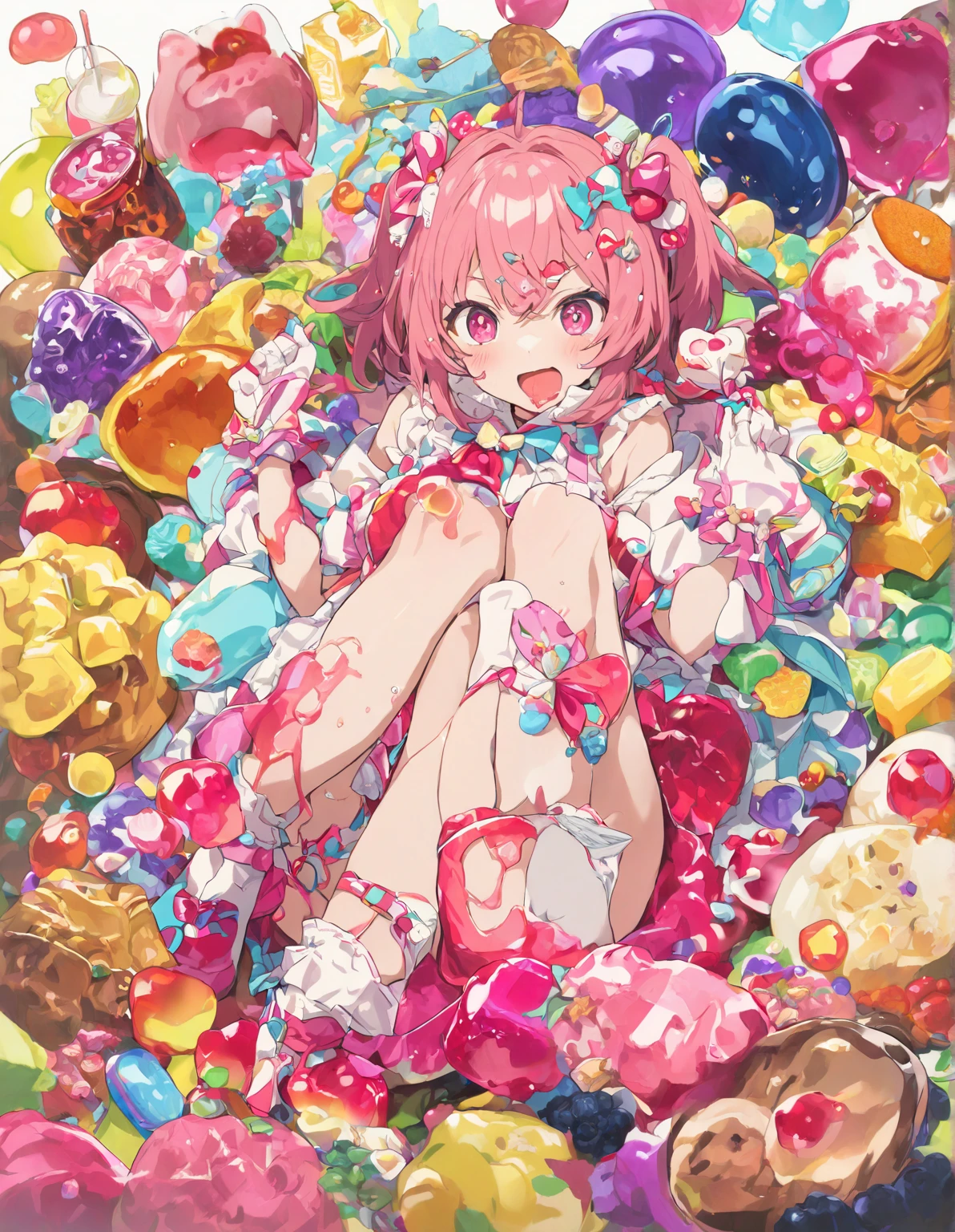 score_9, score_8_superior, score_7_superior, score_6_superior, (sauce_anime), Grandblue, Break Cure Yell, Adult female, Pink Hair, Pink eyes destroy big breasts, Eating ice cream at the table, puffed-superior cheeks, Give the viewer a confused look