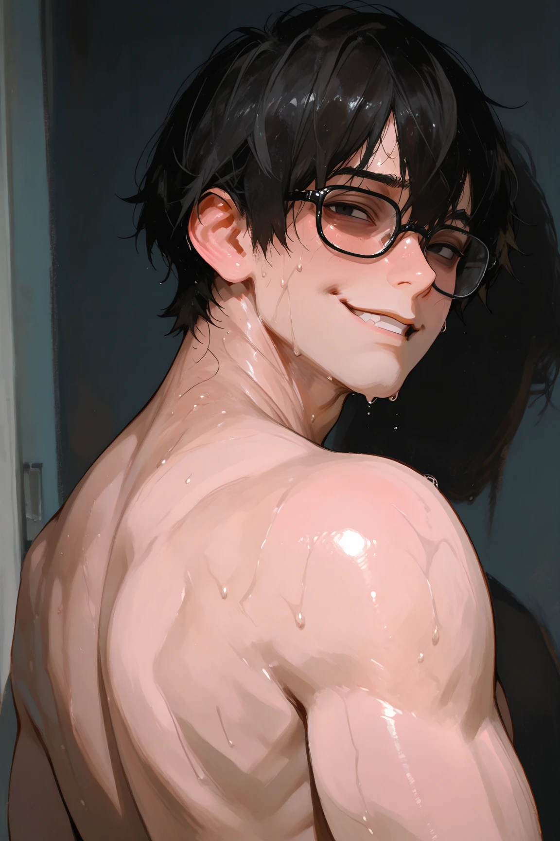 high quality, (soro japanese  boy:1.5), (detailed eyes), (black long hair), (muscle:1.5), naked, (dark wet skin), (detailed puffy nipples:1.3), penis, cumshot,smirk, looking at viewer,(orgasm)