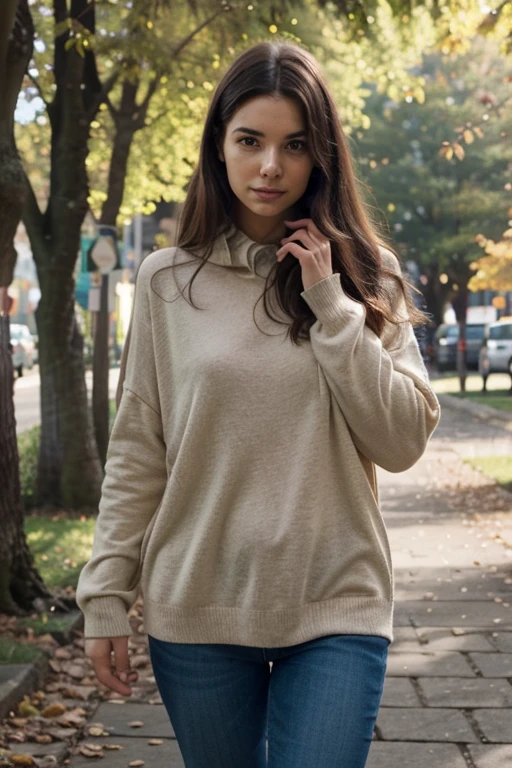 Create a highly realistic photo of a woman with brown hair showing her entire body but with clothes on to post on Facebook
