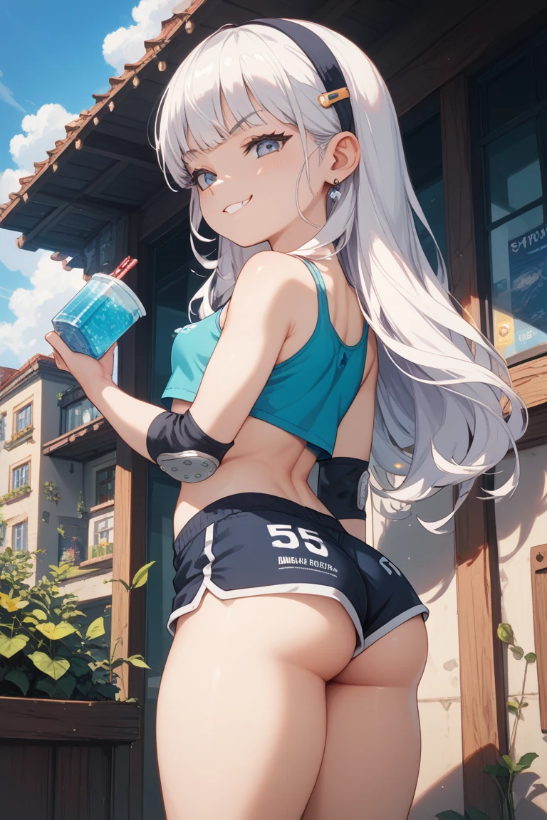(masterpiece, best quality, ultra-detailed), Shenhe \(genshin impact\), (silver hair), cone hair bun, twin tails, long hair, swept bangs, braid, braided bangs, silver eyes, silver eyes,
(wearing a t-shirt:1.2), sitting on a chair outside of caf, embracing the natural beauty, sunlight, beautiful cloudy sky, city, street, denim shorts, black stocking,
medium breasts, thick thighs, critical angle, cowboy shot, arm behind head, arm behind back, armpits, light smile, crop top, strong and seductive expressions,,