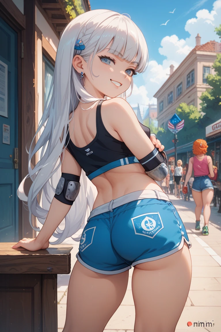 high qualiy, work of art, super verbose, 1 名Kizi, extremely detailed faces,fox ears, long messy blue hair，twin-tail，pink eyes，Taking care of students，Kizi，huge ass ，White sports shortswhite short sleeves，Clothes soaked with sweat，Place your hands on your chest，Bright meadow，wilderness，