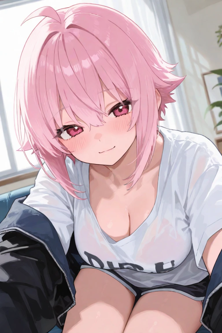 (masterpiece, best quality:1.2), solo, 1girl, megurine luka, smile, looking at viewer, headphones, lukadef, pelvic curtain, black thighhighs