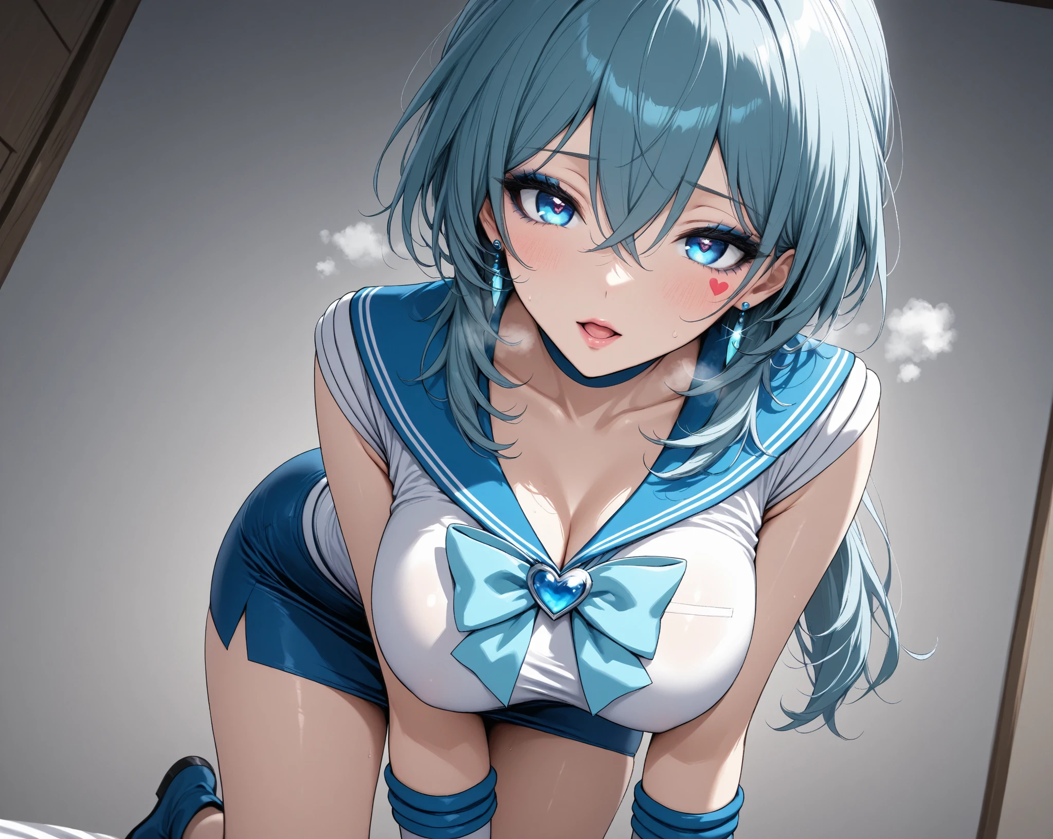 Aqua Konosuba,young,whole body,Looking at the viewer,I look with pity,A high resolution,high quality, masterpiece , white heels, Bedroom,SFV,Mocking smile, white nails,white heels, whole body,sexual,maid clothes, white stockings,Woman with large breasts,taking a selfie in front of the mirror, hand on hip, laughing, blush on the face ,up her skirt a little to see thong,lifts her skirt a little to show her thong,thong