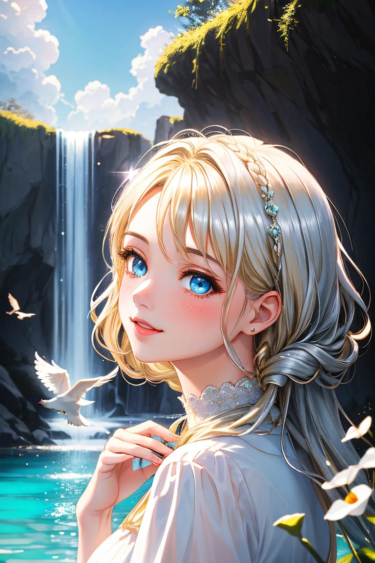(watercolor) Masterpiece Portrait, Hdr, volumetric lighting, (themum:1.3), valley mountain forest, ocean ice rivers aurora, (portrait) anime (woman:1.3) 1girl