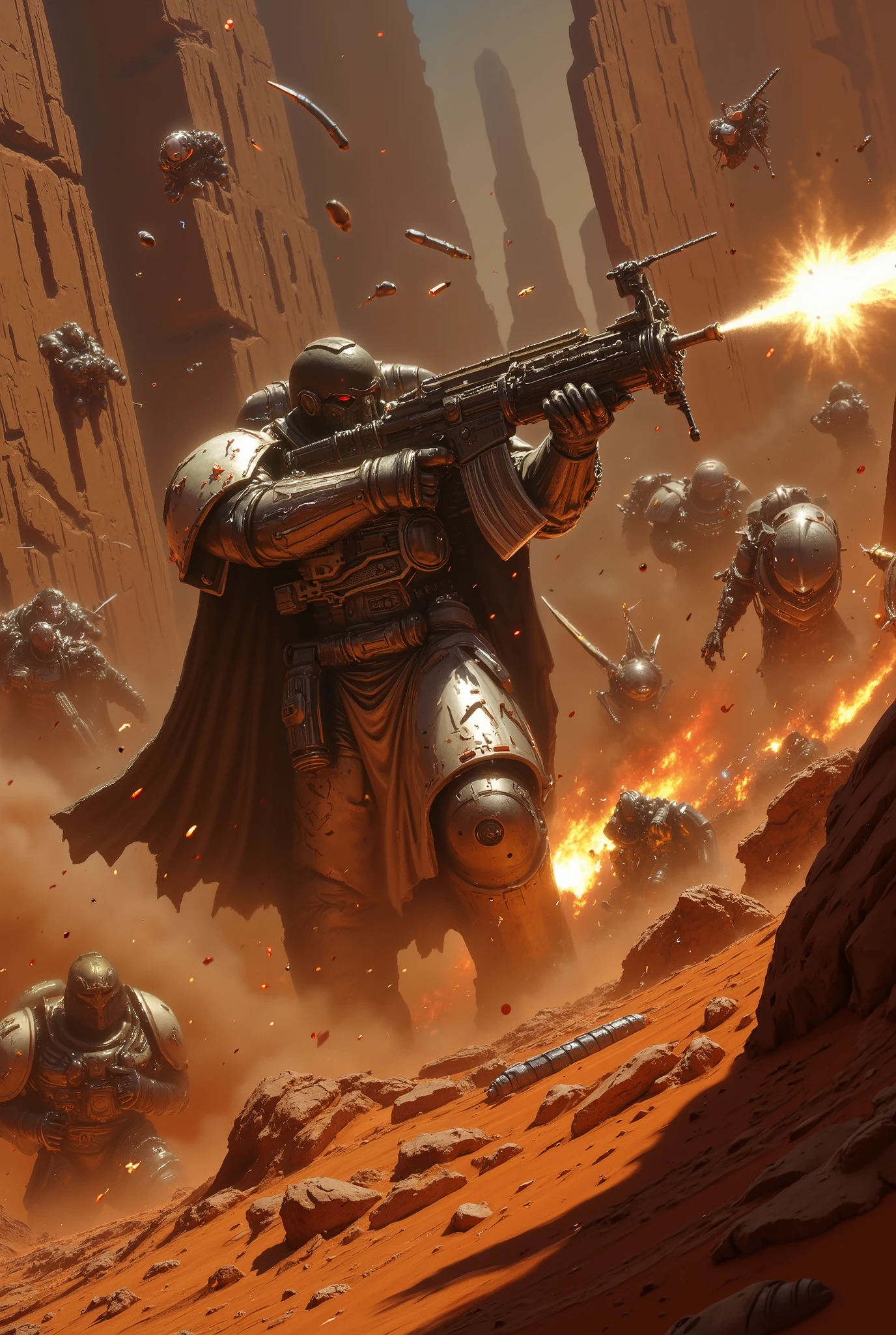 machine gun,bullet casings,bouncing off the ground, high temperature ,Arm,Ammo,rifle,Fire,hot,action,realistic,Detailed,4k,hdr,UHD,studio lighting,ultra-fine painting,physically-based rendering,extreme detail,professional,vibrant colors,bokeh,Landscape, destruction ,war,chaos,cinematic,planet mars,reddish atmosphere,enemy aliens