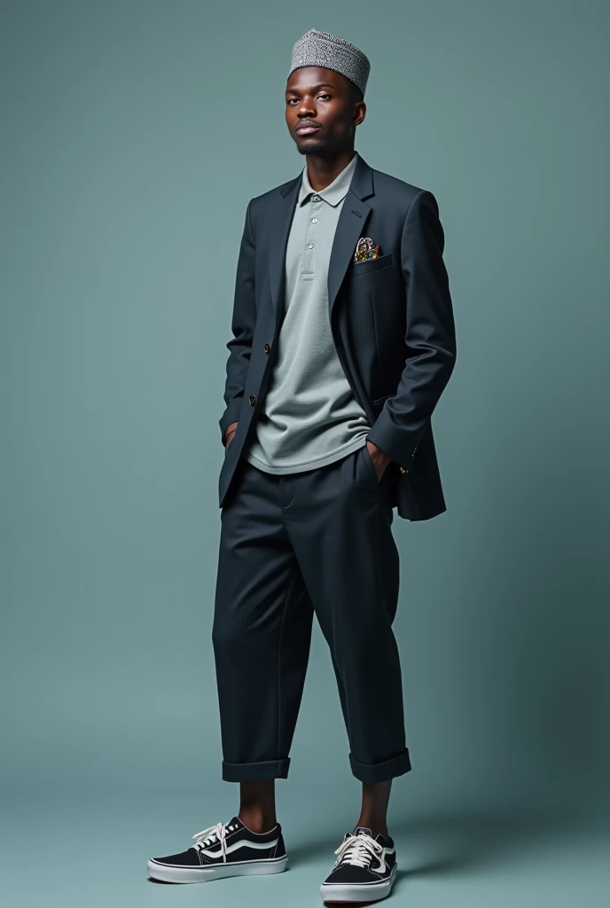 best qualityer:1.4), (ultra high resolution:1.2), (photorrealistic:1.4), (8k, CRU photo:1.2), a thin young man of 20 years old, skin black, with a smooth, beardless face, with short hair, with shaved sides and a slightly high top, similar to the fade or taper haircut style, white turtleneck shirt with a navy blue coat on top, navy blue dress pants, White sneakers, is sitting on a white cube. You are in a photography studio with a white background