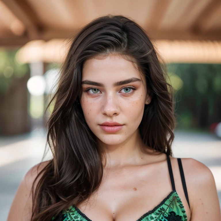 Realistic amateur photo published on Instagram , beautiful cute young woman , cour ,gown, French, green eyes, tetas grandes, low-cut
