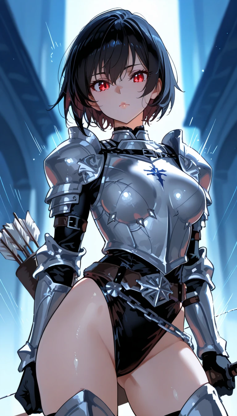 Only One Woman、Black Hair、Dark blue eyes、short hair、Large Breasts、female knight、Wearing armor、Is urinating、Leaning forward、Align inner thighs、Place your hands on your crotch、Close ~ eyes、Embarrassing、shortness of breath、Open your mouth、Watery eye、Red Nose、Red ear