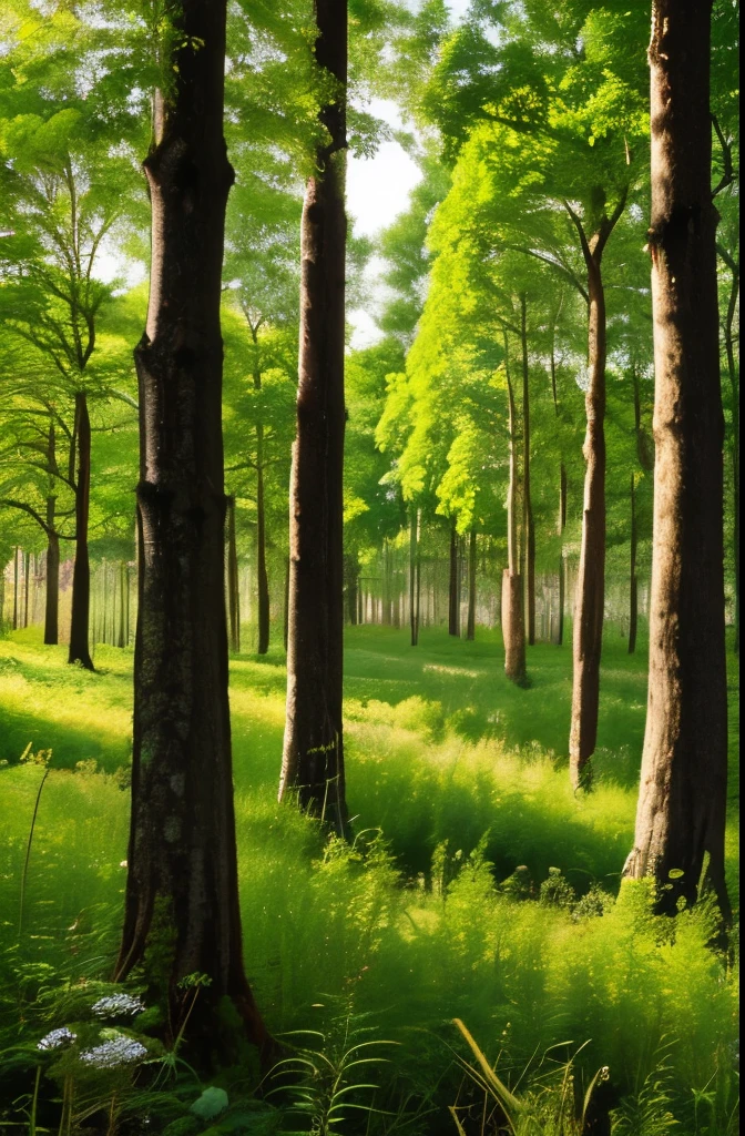 Deep in a fur tree forest in the evening. Very lush and green.