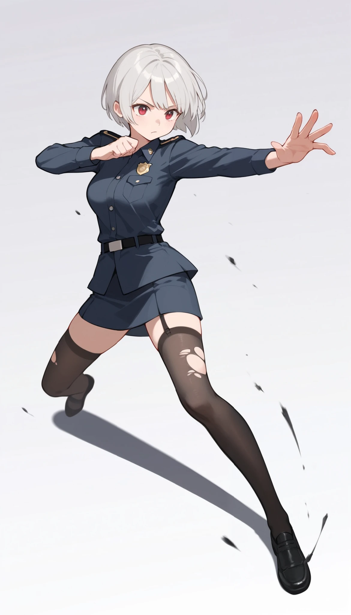 score_9, score_8_up, score_7_up, score_6_up, ((masterpiece)), (best quality), 1girl, solo, Simple background, temptation, delicate face, Battle Pose , Thomas slalom kick, full body, silver short hair, long sideburn, red delicate eyes, Disdainful Eyes, Black Stockings, Damaged black police uniform, medium breasts, style: midjourney, white background, two-point perspective , Impact footage,motion blur,depth of field, closeup
