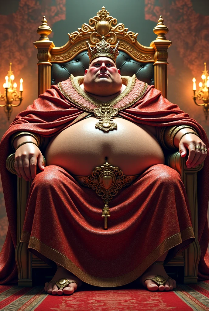 satan standing ,royal hall, pool of blood, red skin, chubby, hairy, hairy belly, Holding your big belly, high resolution, ultra-detailed, sharp focus, detailed eyes, symmetrical eyes, expressive eyes, clear pupils, focused gaze , king's expression is intimidating with a sense of authority, solo, masterpiece, best quality, male, mature, manly, detailed nipples, detailed navel, photorealistic, 8k, (wide dynamic range, hdr:1.2), sitting, (night:1.2), light, looking at viewer, pose, fitted underwear with a very large, realistic bulge at the front, emphasizing the natural shape, detailed fabric texture, soft shadows highlighting the contours, emphasizing the natural shape, detailed fabric texture, Blood, bones and human skulls on the ground, soft shadows highlighting the contours ,full body, spread legs, shadow, leaning back, hell, very short fur, detailed skin texture, high contrast lighting, feet