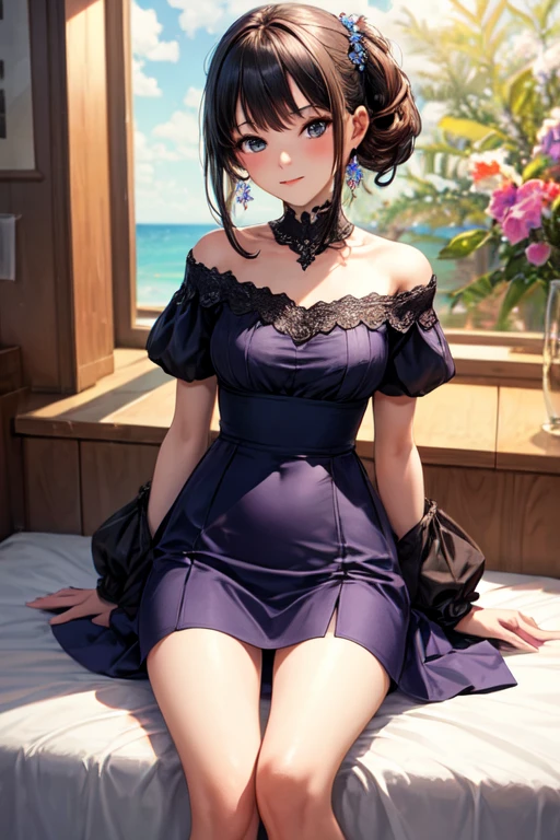 very cute and beautiful girl sitting near window, (floral blue summer dress with detailed frills),sleeveless,detailed lace,(spread legs,white panties), (highly detailed beautiful face),antique hotel bedroom with outside view,distant trees and ocean, (smile),blush,black hair, (best quality,masterpiece:1.0),absurdres,highres,ultra-detailed,extremely detailed,32k,8k resolution, intricate details,cinematic scene,detailed background,solo,dynamic angle, natural lighting,light particles,beautiful detailed sky,