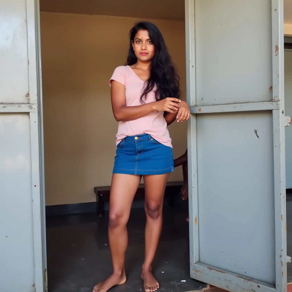 Full body shot of a 18 year old medium size Indian girl in pink shorts and blue top, at home, cleavage visible.