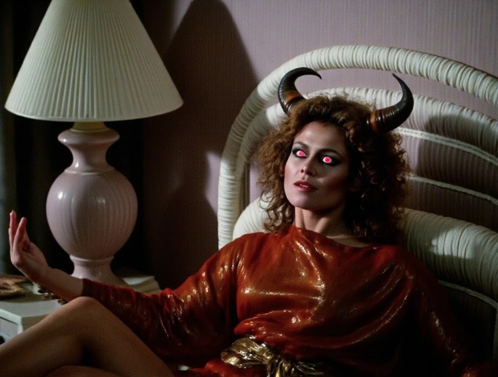 A seductive devil woman is crawling out of a television into a living room. Devil horns. Smile. Red skin. Tail. Bright colors.