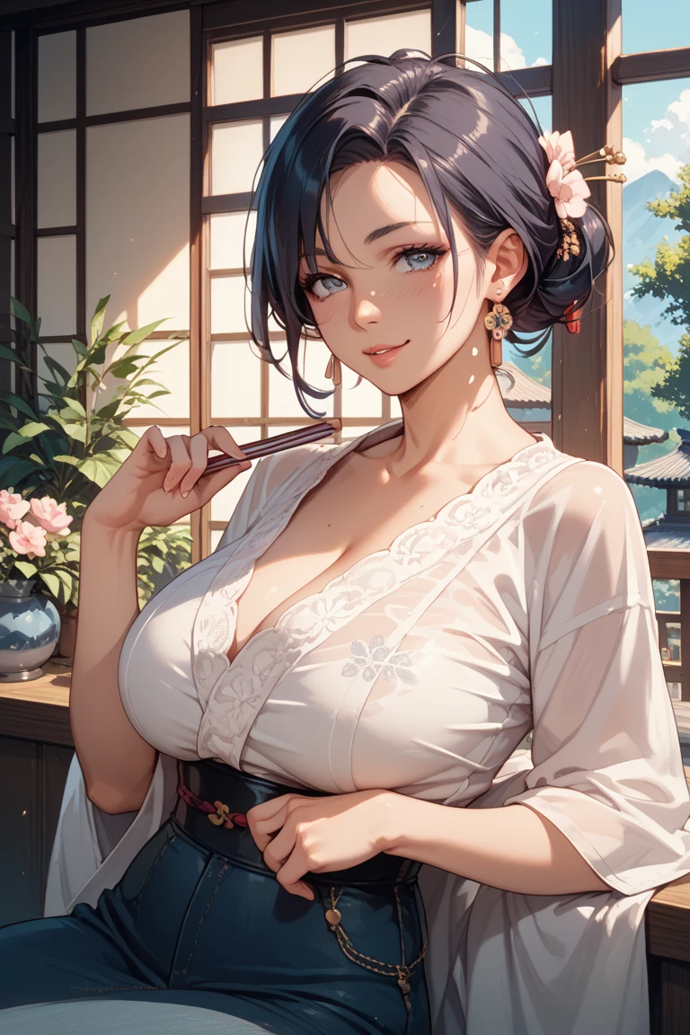 Tibetan Woman, Asian, Beautiful Young Woman, 20 Years Old, Old East School Teacher, Full Lips, Bare Neck, Auburn Hair Intricately But Loosely Braided. Deep_cleavage. Detailed Beautiful Eyes, Pencil-Thin Waist, Wide Hips. Historically Accurate 1870s Old-East Indonesian Traditional Javanese Dress Batik With Vintage Floral Pattern. With Books. Sad, Blushing, HourGlass Figure, Official Art, Award Winning Digital Painting, Digital Illustration, Extreme Detail, 4k, Ultra Hd, Rococo, Polished, Intricate, Realistic Fantasy Art, Sharp Focus, Concept Art, Art By Wlop, Artgerm, (2d Vector Illustration) Laura Vandervoort, (small breast:1.4)