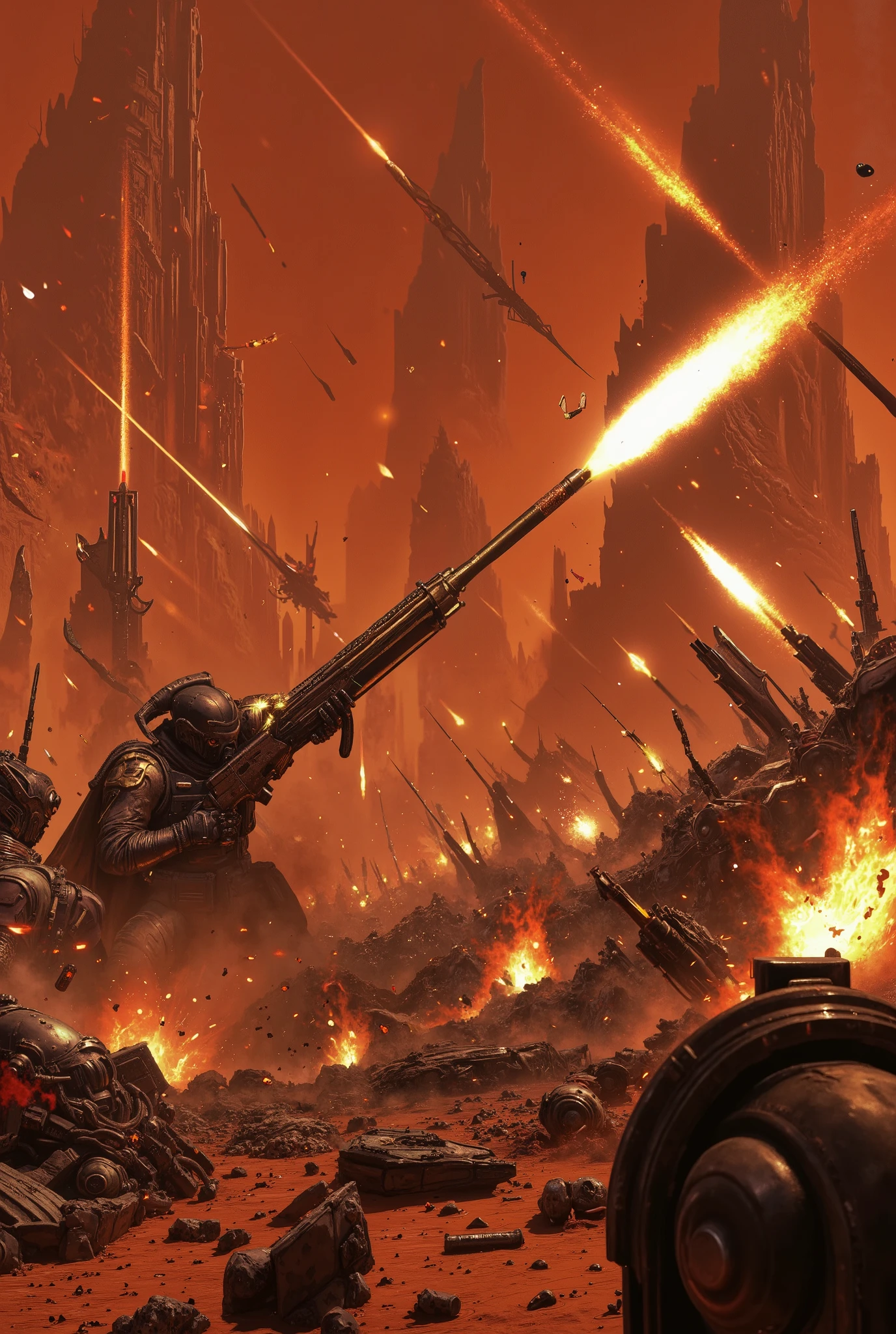 machine gun,bullet casings,bouncing off the ground,high temperature,Arm,Ammo,rifle,Fire,hot,action,realistic,Detailed,4k,hdr,UHD,studio lighting,ultra-fine painting,physically-based rendering,extreme detail,professional,vibrant colors,bokeh,Landscape, destruction ,war,chaos,cinematic,planet mars,reddish atmosphere,enemy aliens