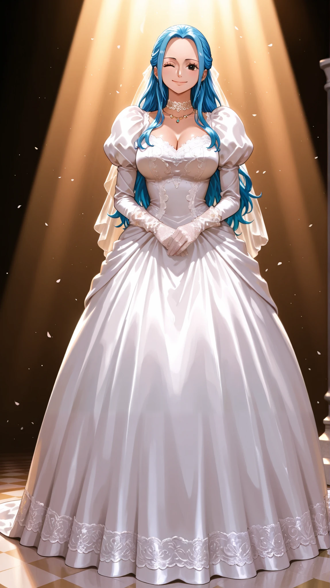 masterpiece, high score, great score, absurdres, beautiful woman, Nefertari Vivi, one piece, blue hair, long hair, beautiful black eyes, looking at viewer, smile, ;), wedding dress, lace trim, choker, necklace, full body Saree dress, lace gloves, juliet sleeves,body Saree, close-up, facing up, wedding saree, indian traditional,side view, simple background, vivid colors, volumetric lighting, soft lighting, multiple colours and stone.